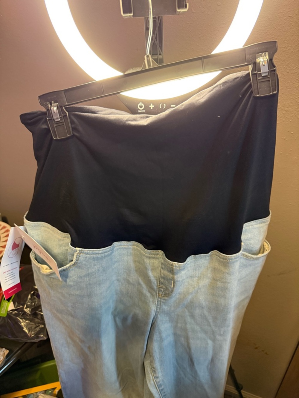 Ingrid & Isabel Light Wash Denim Maternity Overpants with Black Waistband